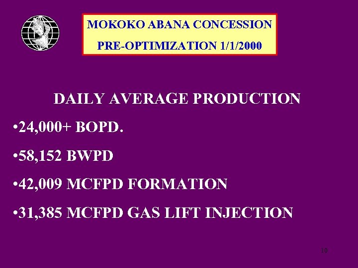 MOKOKO ABANA CONCESSION PRE-OPTIMIZATION 1/1/2000 DAILY AVERAGE PRODUCTION • 24, 000+ BOPD. • 58,