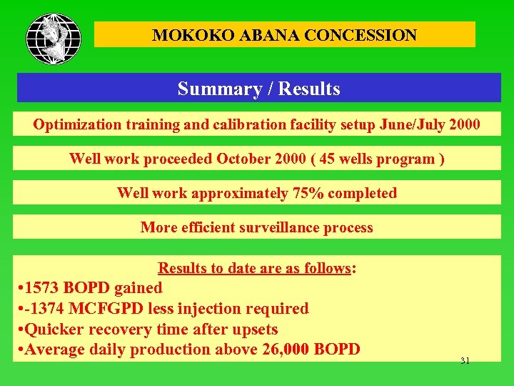 MOKOKO ABANA CONCESSION Summary / Results Optimization training and calibration facility setup June/July 2000