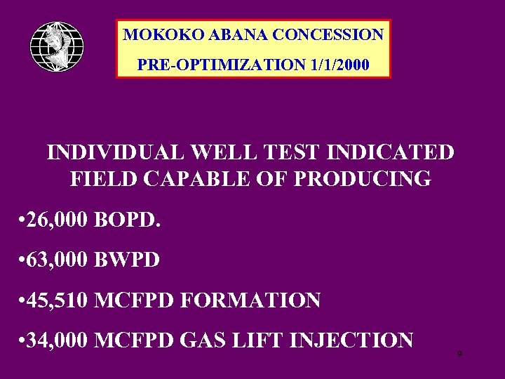 MOKOKO ABANA CONCESSION PRE-OPTIMIZATION 1/1/2000 INDIVIDUAL WELL TEST INDICATED FIELD CAPABLE OF PRODUCING •