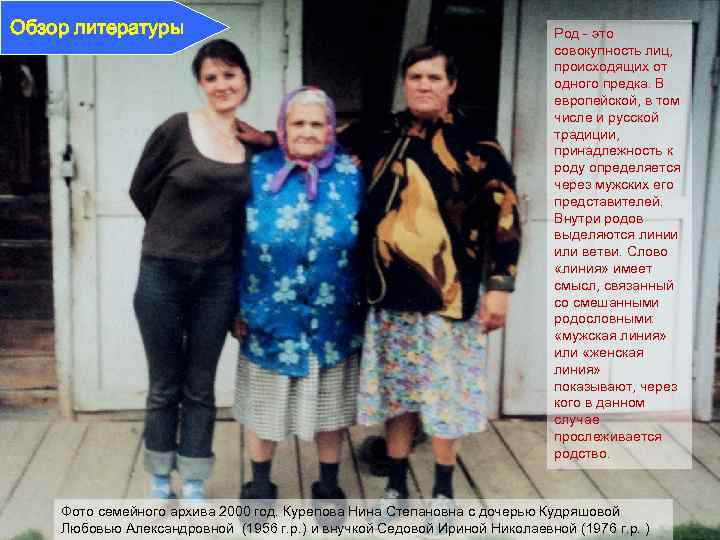 Обзор литературы Род - это совокупность лиц, происходящих от одного предка. В европейской, в