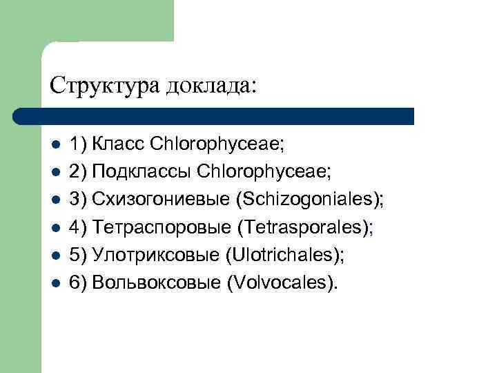 Структура доклада: l l l 1) Класс Chlorophyceae; 2) Подклассы Chlorophyceae; 3) Схизогониевые (Schizogoniales);