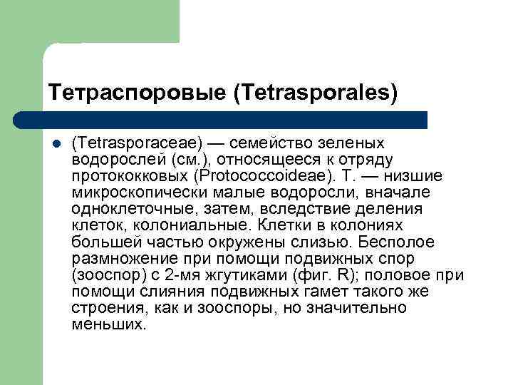 Тетраспоровые (Tetrasporales) l (Tetrasporaceae) — семейство зеленых водорослей (см. ), относящееся к отряду протококковых