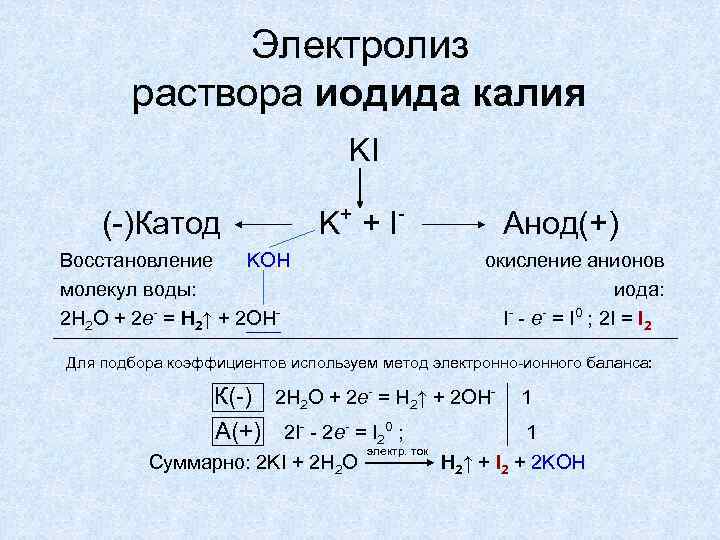 Электролиз раствора иодида калия KI (-)Катод K+ + I - Восстановление KOH молекул воды: