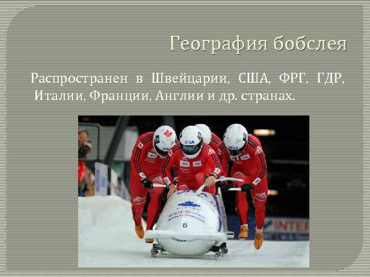 География бобслея Распространен в Швейцарии, США, ФРГ, ГДР, Италии, Франции, Англии и др. странах.