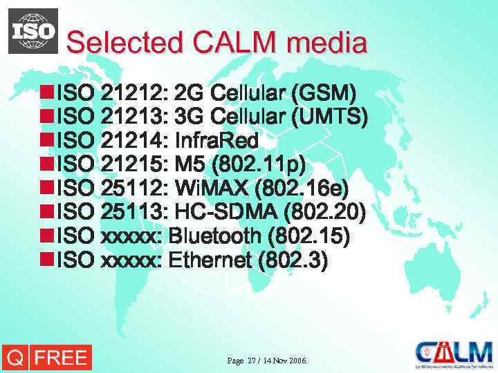 Selected CALM media n ISO 21212: 2 G Cellular (GSM) n ISO 21213: 3