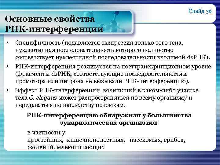 Основные свойства РНК-интерференции • • • Слайд 36 Специфичность (подавляется экспрессия только того гена,