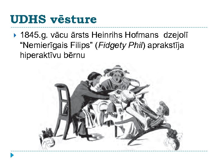 UDHS vēsture 1845. g. vācu ārsts Heinrihs Hofmans dzejolī “Nemierīgais Filips” (Fidgety Phil) aprakstīja