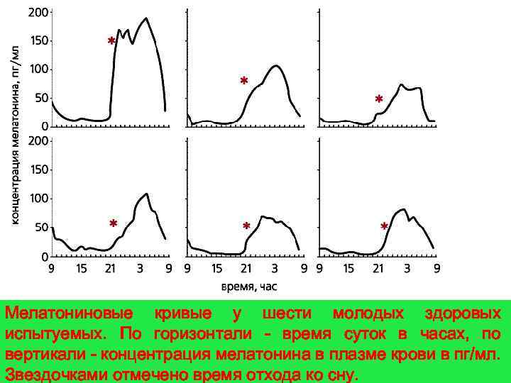 Мелатониновые кривые у шести молодых здоровых испытуемых. По горизонтали - время суток в часах,