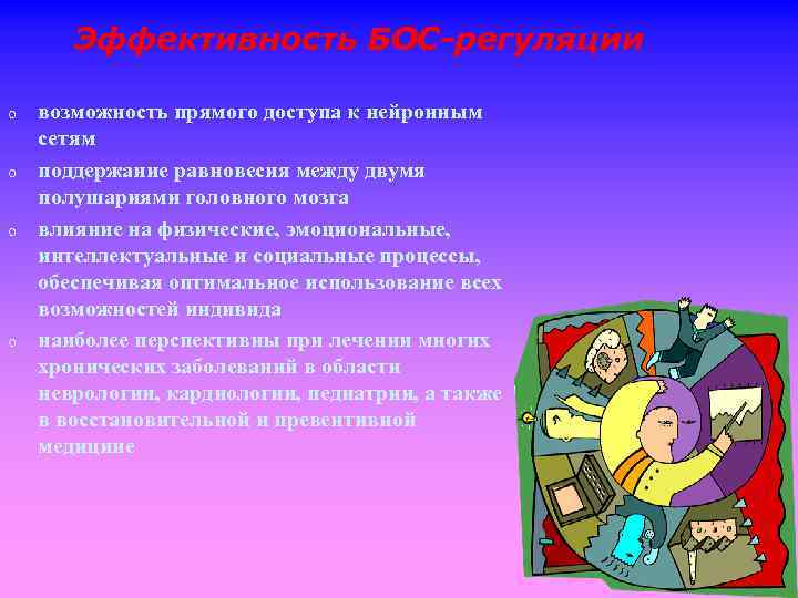 Эффективность БОС-регуляции o o возможность прямого доступа к нейронным сетям поддержание равновесия между двумя