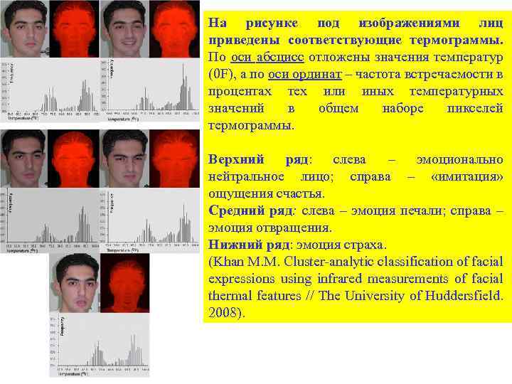 На рисунке под изображениями лиц приведены соответствующие термограммы. По оси абсцисс отложены значения температур