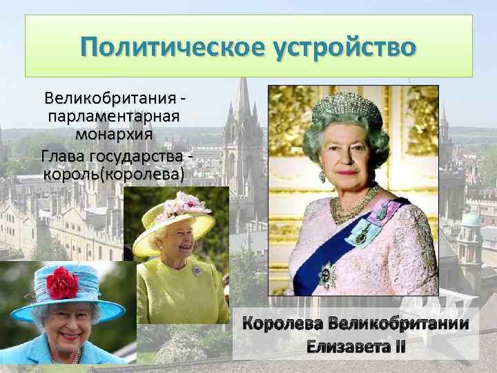 Политическое устройство Великобритания парламентарная монархия Глава государства король(королева) Королева Великобритании Елизавета II 