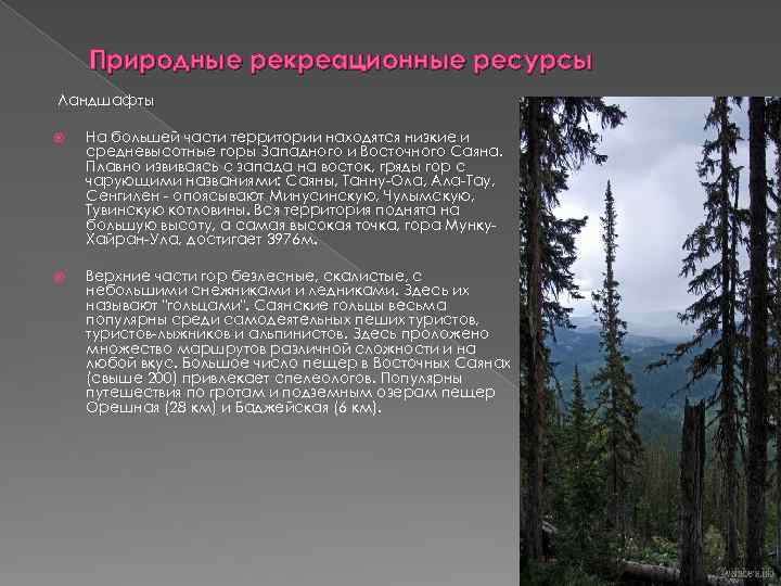 Природные рекреационные ресурсы Ландшафты На большей части территории находятся низкие и средневысотные горы Западного