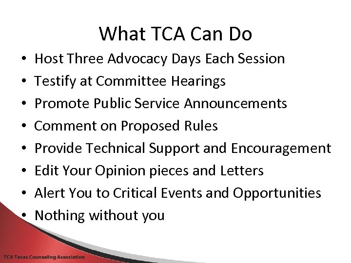 What TCA Can Do • • Host Three Advocacy Days Each Session Testify at