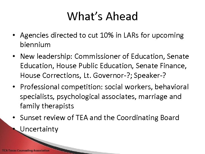 What’s Ahead • Agencies directed to cut 10% in LARs for upcoming biennium •