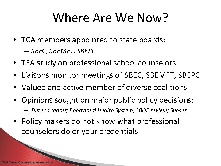 Where Are We Now? • TCA members appointed to state boards: – SBEC, SBEMFT,