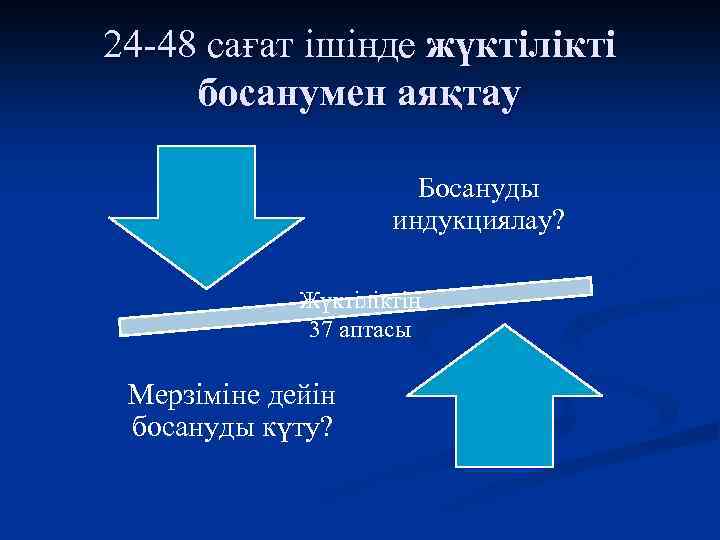 24 -48 сағат ішінде жүктілікті босанумен аяқтау Босануды индукциялау? Жүктіліктің 37 аптасы Мерзіміне дейін