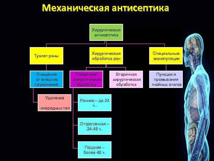 Механическая антисептика Хирургическая антисептика Туалет раны Очищение от внешних загрязнений Удаление инородных тел Хирургическая