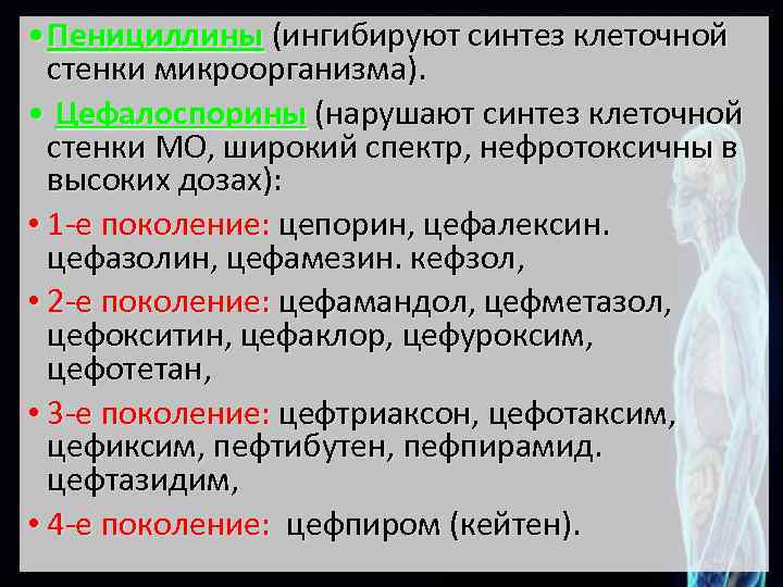  • Пенициллины (ингибируют синтез клеточной стенки микроорганизма). • Цефалоспорины (нарушают синтез клеточной стенки