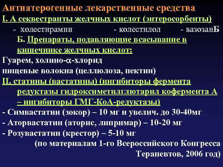 Антиатерогенные лекарственные средства I. А секвестранты желчных кислот (энтеросорбенты) - холестирамин - колестилол -