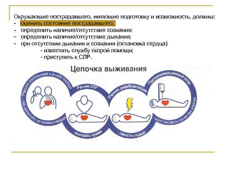 Окружающие пострадавшего, имеющие подготовку и возможность, должны: оценить состояние пострадавшего; определить наличие/отсутствие сознания; определить