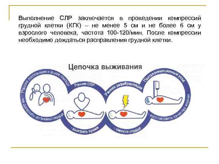 Выполнение СЛР заключается в проведении компрессий грудной клетки (КГК) – не менее 5 см