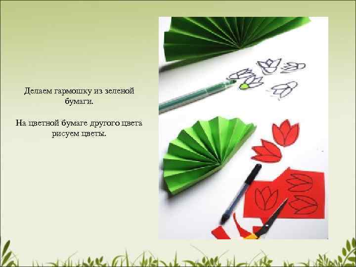 Делаем гармошку из зеленой бумаги. На цветной бумаге другого цвета рисуем цветы. 