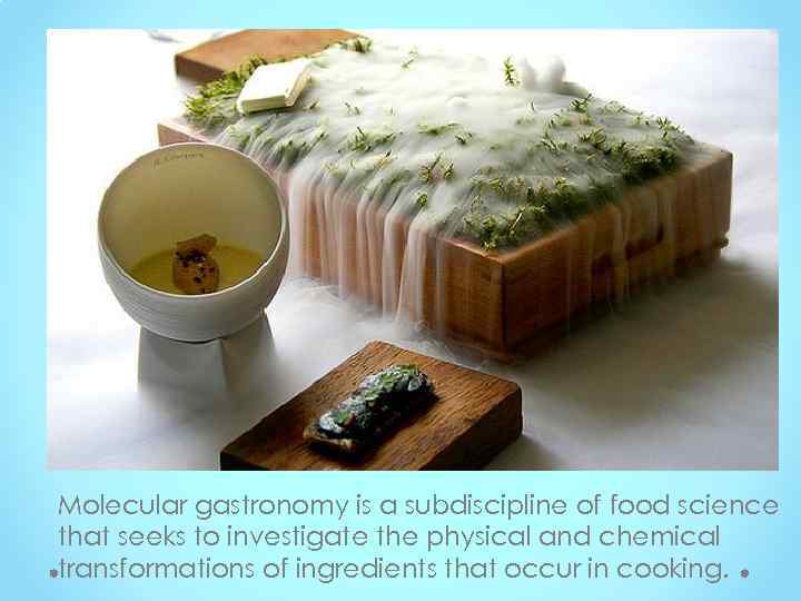 Molecular gastronomy is a subdiscipline of food science that seeks to investigate the physical