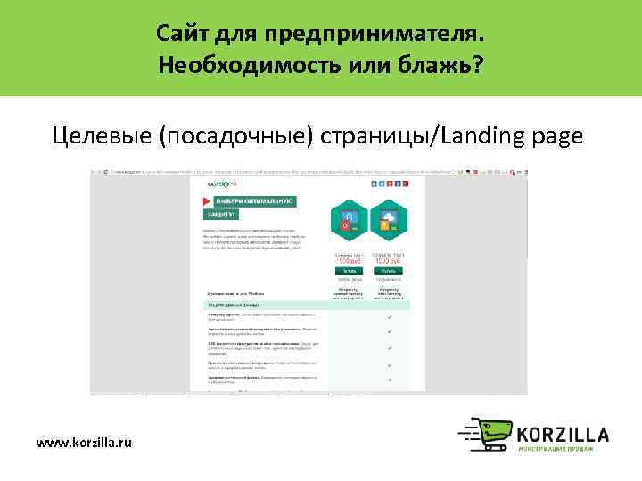 Сайт для предпринимателя. Необходимость или блажь? Целевые (посадочные) страницы/Landing page www. korzilla. ru 
