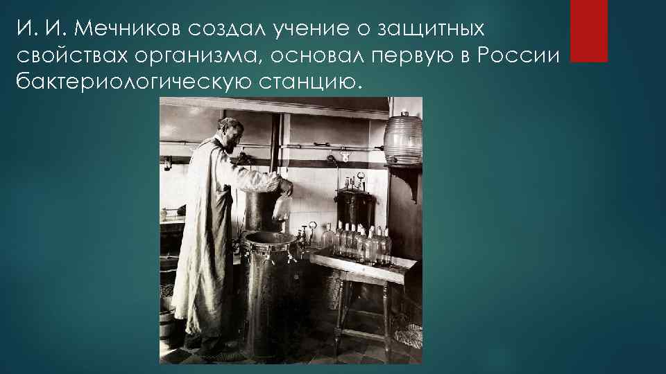 И. И. Мечников создал учение о защитных свойствах организма, основал первую в России бактериологическую