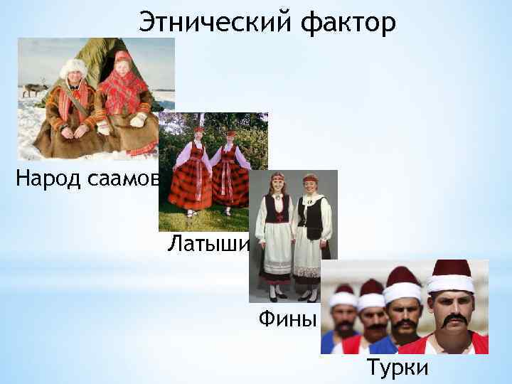 Этнический фактор Народ саамов Латыши Фины Турки 