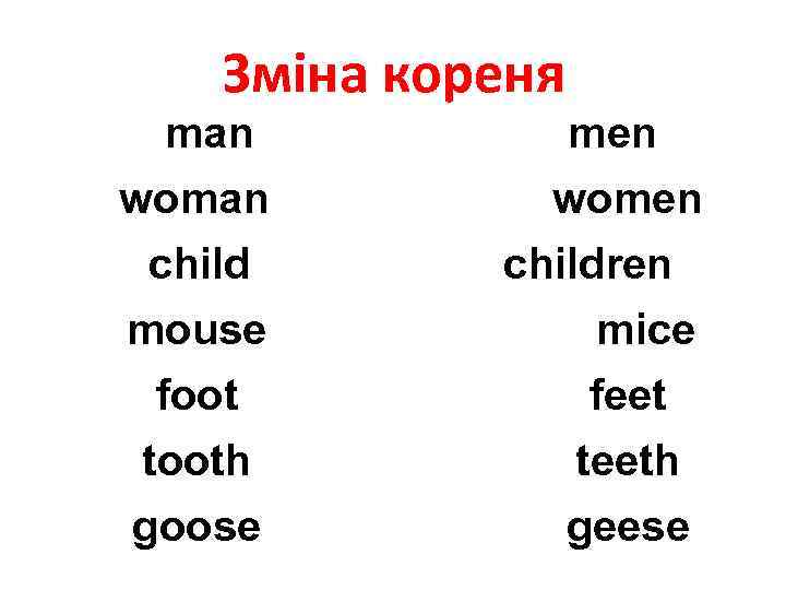 Зміна кореня man woman child mouse foot tooth goose men women children mice feet