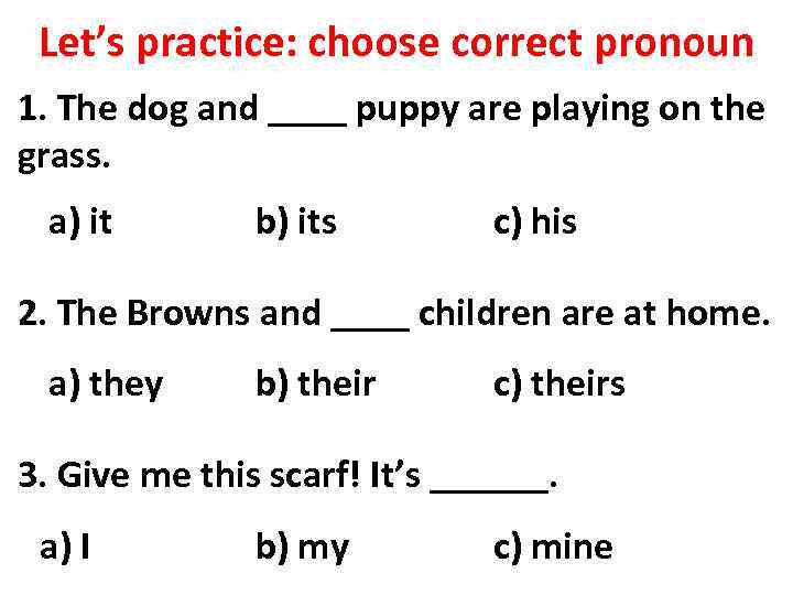 Let’s practice: choose correct pronoun 1. The dog and ____ puppy are playing on