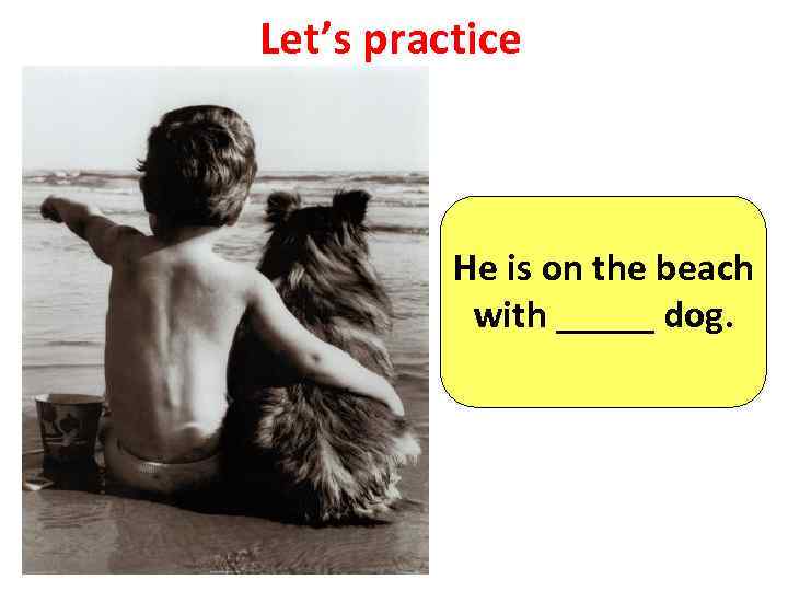 Let’s practice He is on the beach with _____ dog. 