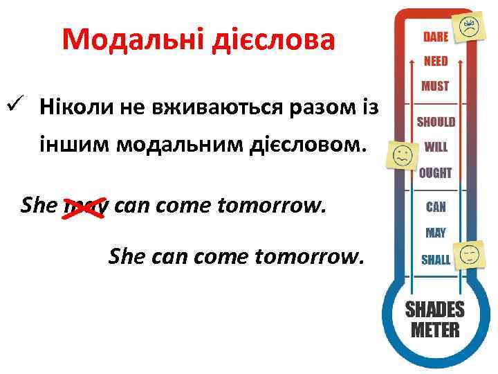 Модальні дієслова ü Ніколи не вживаються разом із іншим модальним дієсловом. She may can