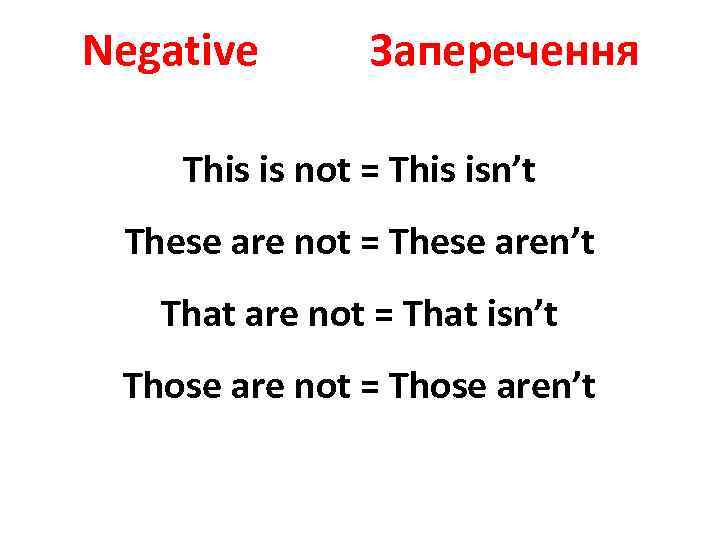 Negative Заперечення This is not = This isn’t These are not = These aren’t