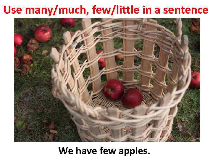 Use many/much, few/little in a sentence We have few apples. 