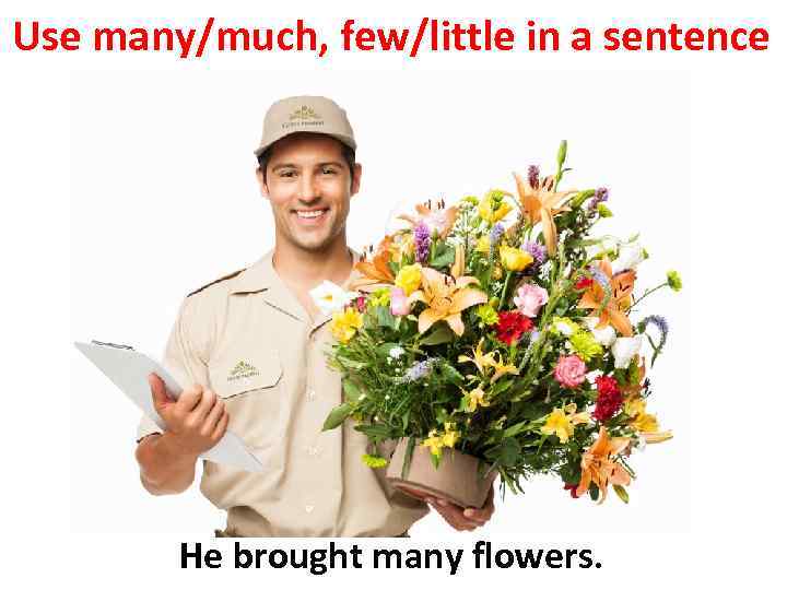 Use many/much, few/little in a sentence He brought many flowers. 