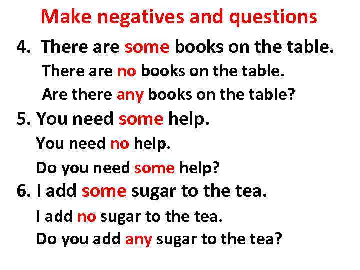 Make negatives and questions 4. There are some books on the table. There are