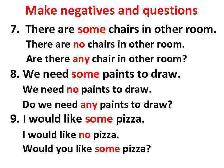 Make negatives and questions 7. There are some chairs in other room. There are