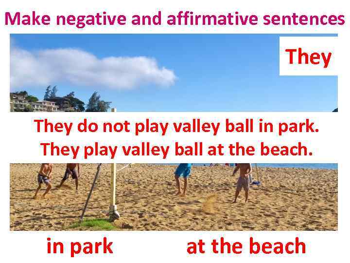 Make negative and affirmative sentences They do not play valley ball in park. They