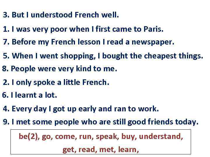 3. But I _______ French well. But I understood French well. 1. I ______