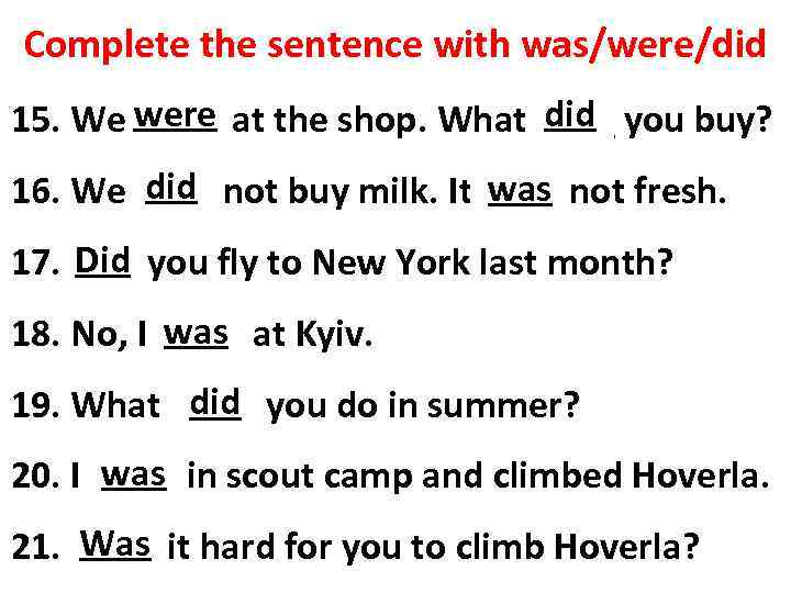 Complete the sentence with was/were/did 15. We were at the shop. What ____ you