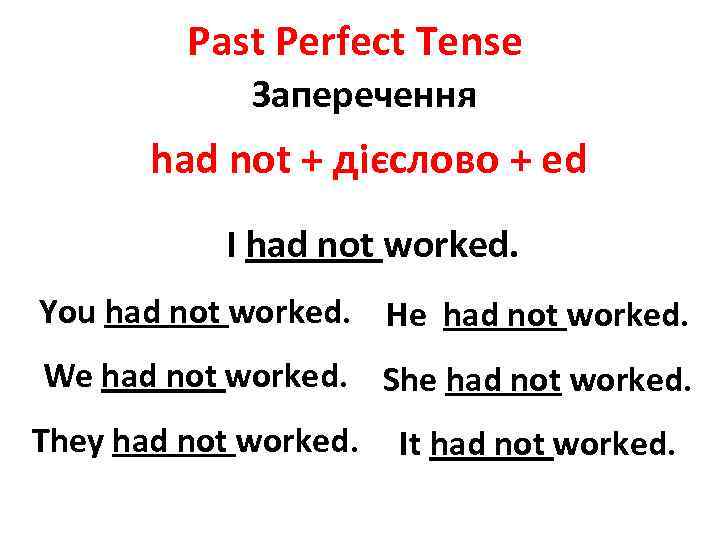 Past Perfect Tense Заперечення had not + дієслово + ed I had not worked.
