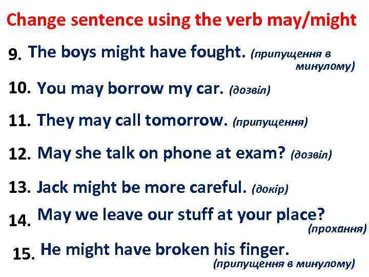 Change sentence using the verb may/might The boys might have fought. 9. The boys