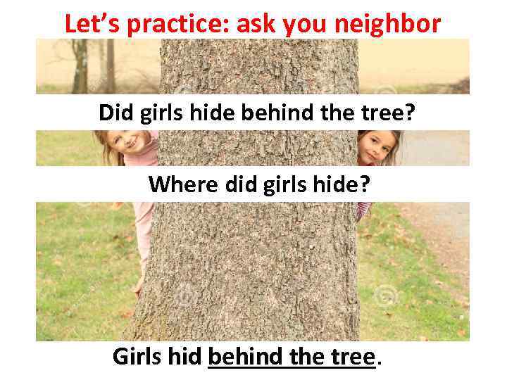 Let’s practice: ask you neighbor Did girls hide behind the tree? Where did girls