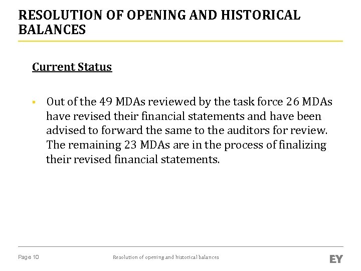 RESOLUTION OF OPENING AND HISTORICAL BALANCES Current Status § Page 10 Out of the