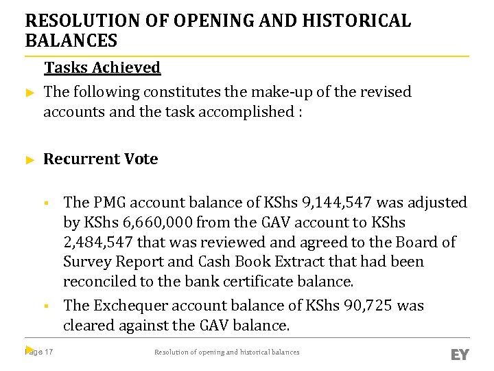 RESOLUTION OF OPENING AND HISTORICAL BALANCES ► Tasks Achieved The following constitutes the make-up