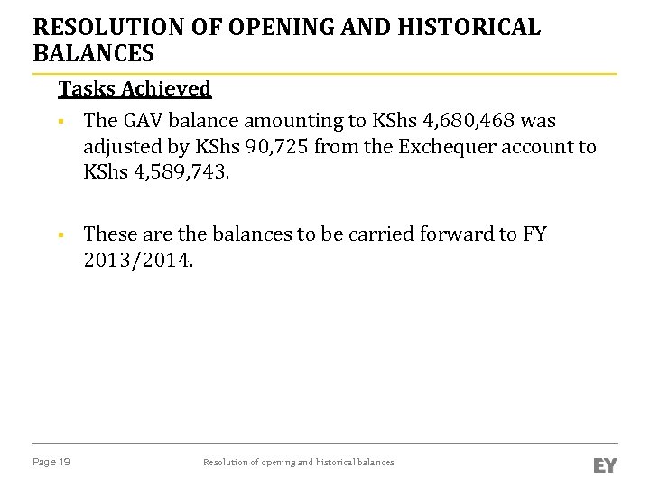 RESOLUTION OF OPENING AND HISTORICAL BALANCES Tasks Achieved § The GAV balance amounting to