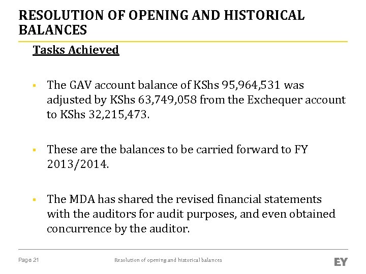 RESOLUTION OF OPENING AND HISTORICAL BALANCES Tasks Achieved § The GAV account balance of