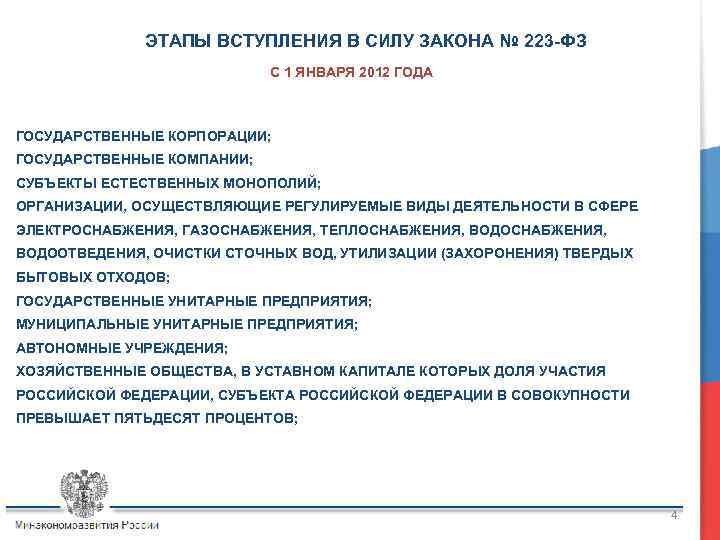 ЭТАПЫ ВСТУПЛЕНИЯ В СИЛУ ЗАКОНА № 223 -ФЗ С 1 ЯНВАРЯ 2012 ГОДА ГОСУДАРСТВЕННЫЕ
